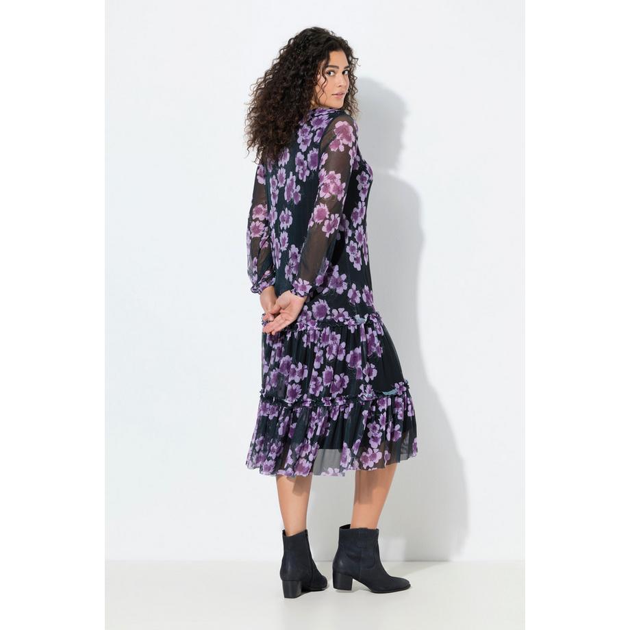 Ulla Popken Abito Midi Doppio Strato Floreale Scollo a V Maniche Lunghe  