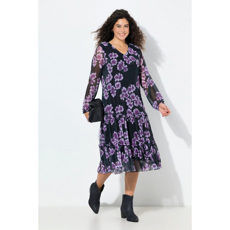 Ulla Popken Abito Midi Doppio Strato Floreale Scollo a V Maniche Lunghe  