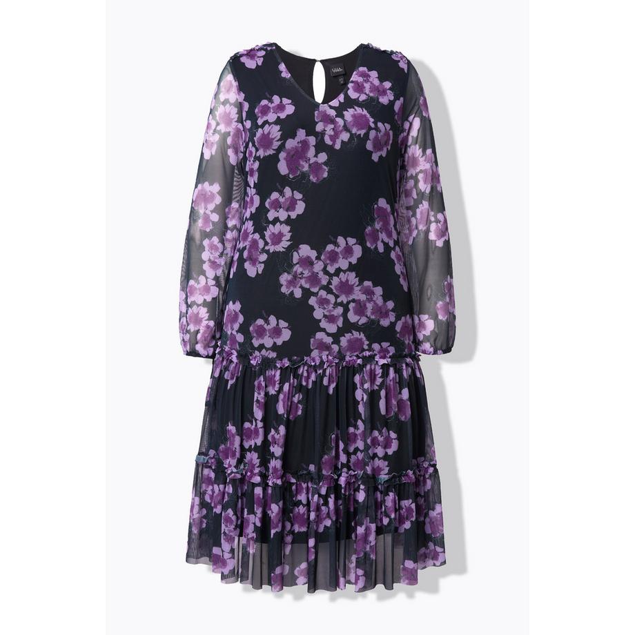 Ulla Popken Abito Midi Doppio Strato Floreale Scollo a V Maniche Lunghe  