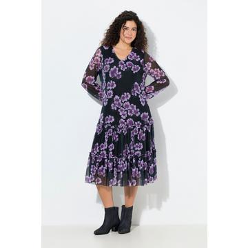 Abito midi a doppio strato con fiori, scollo a V e maniche lunghe