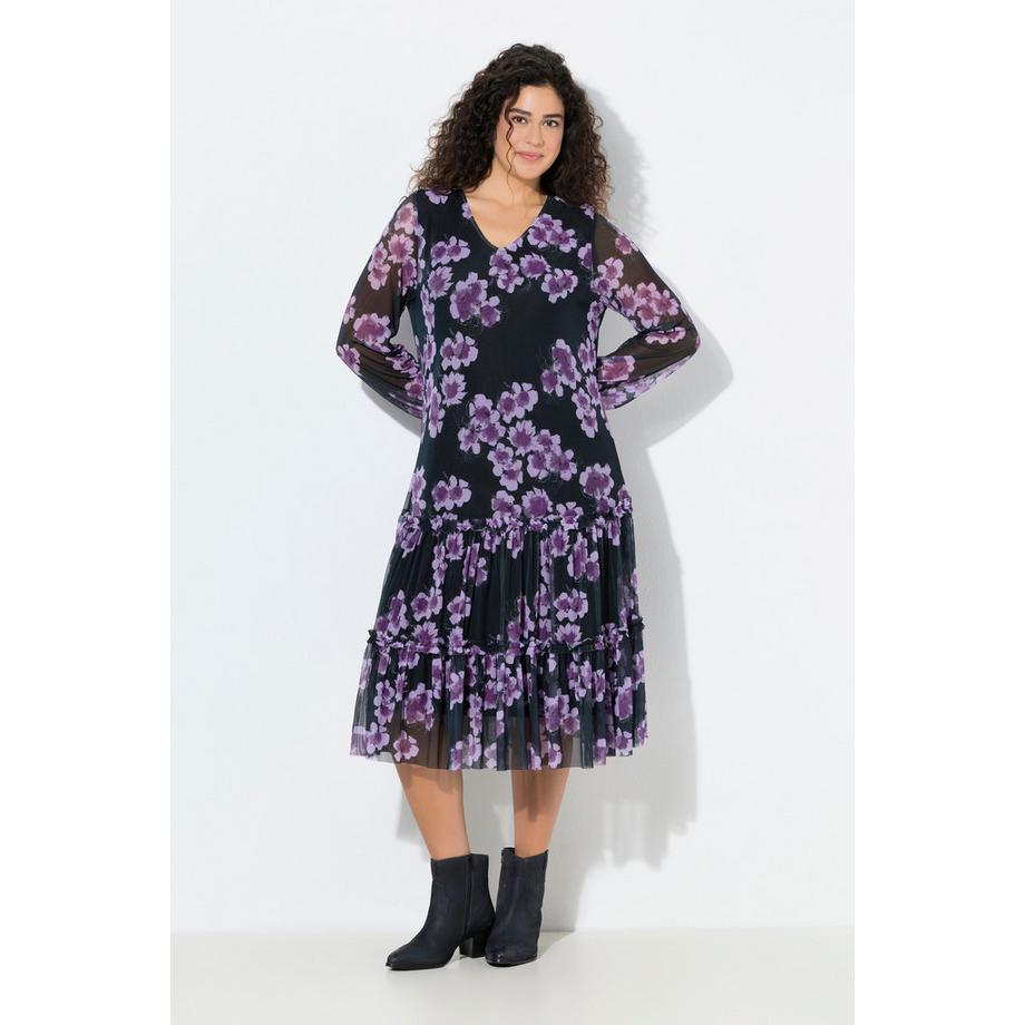 Ulla Popken Abito Midi Doppio Strato Floreale Scollo a V Maniche Lunghe  