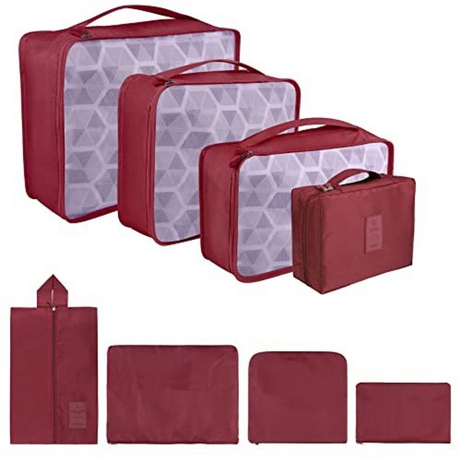 Lot de 8 cubes de rangement, cubes d'organisation pour valise, avec sac à chaussures, sac à linge, organisateur de voyage, sacs à vêtements, pour sac à dos, rouge brique