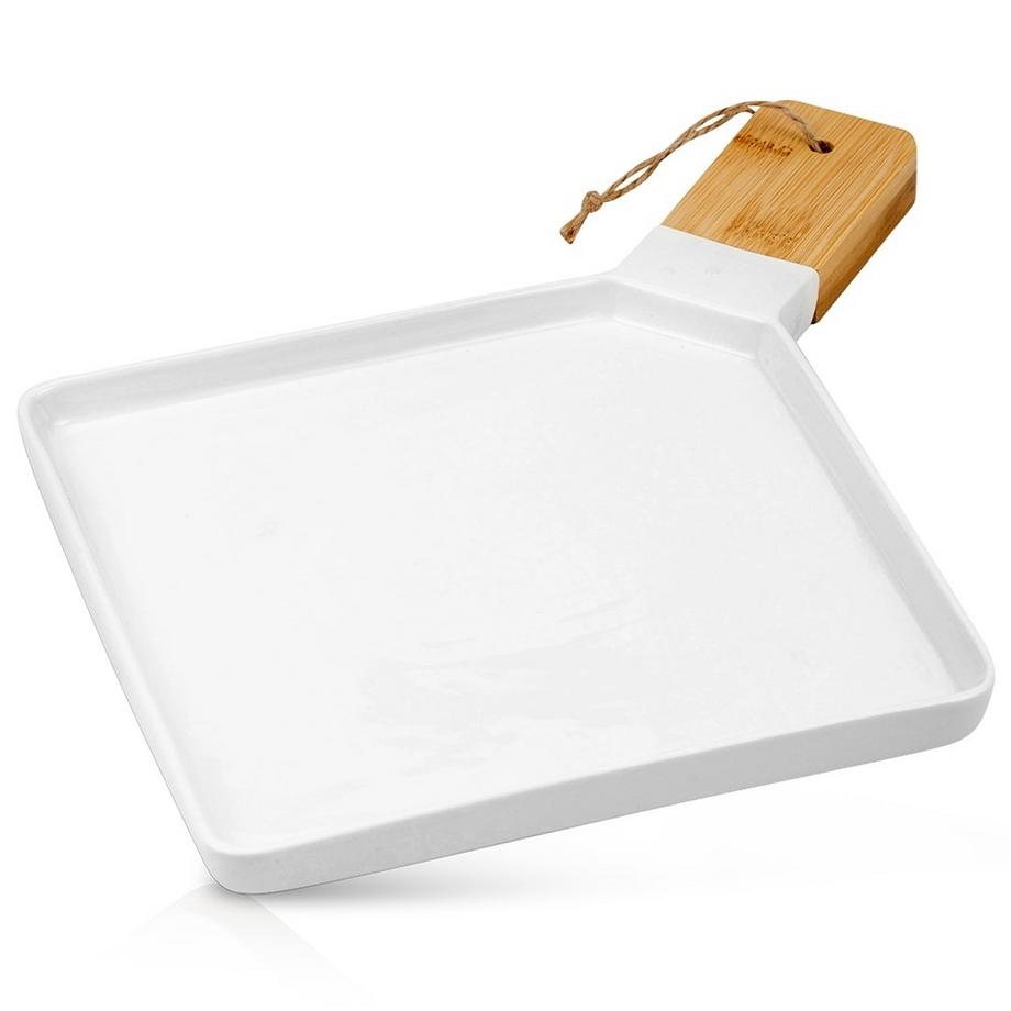 Elegante Servierplatte aus Porzellan und Bambus mit Henkel ONE SIZE | MANOR