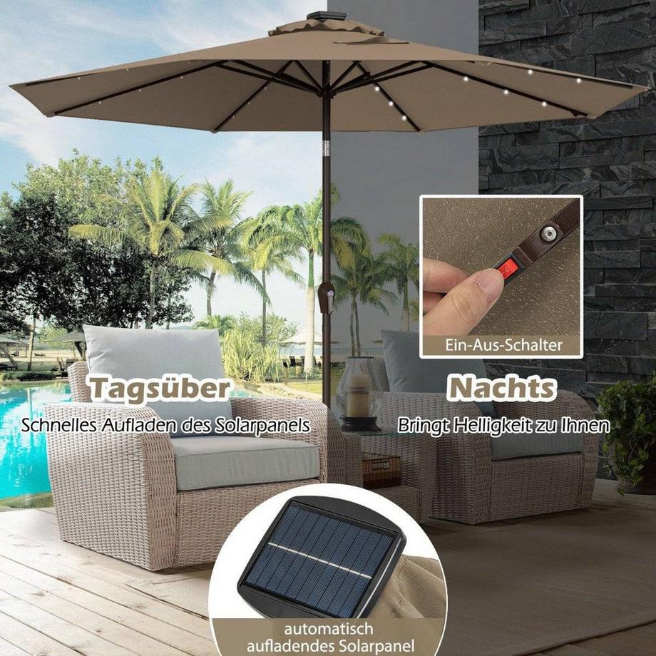 Northix Ombrello a sbalzo con illuminazione a LED Ombrellone rotondo Ombrellone da giardino ad energia solare manovella marrone diametro 3M  