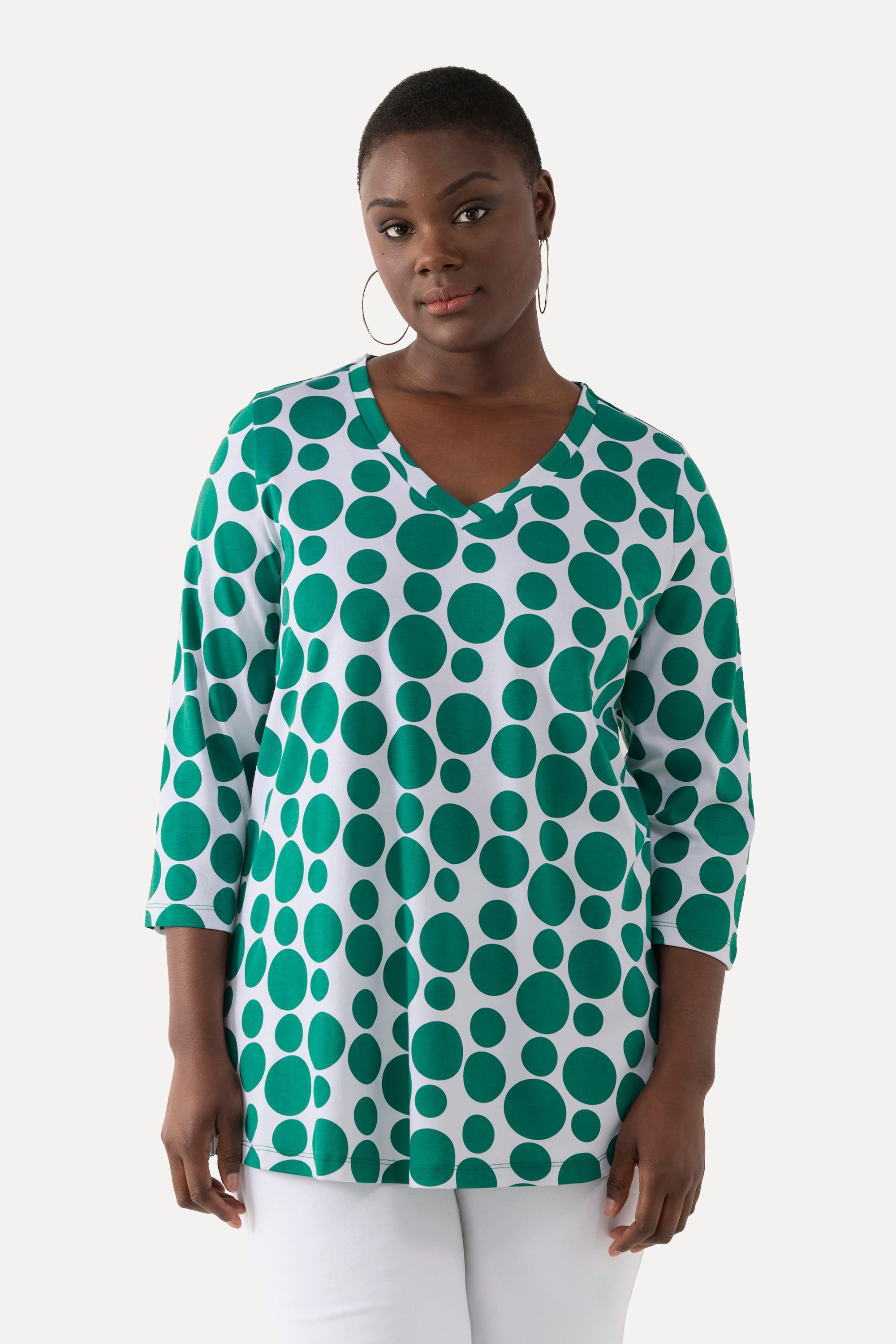 Ulla Popken  Shirt, Pima Cotton, Punkte, V-Ausschnitt, 3/4-Arm 