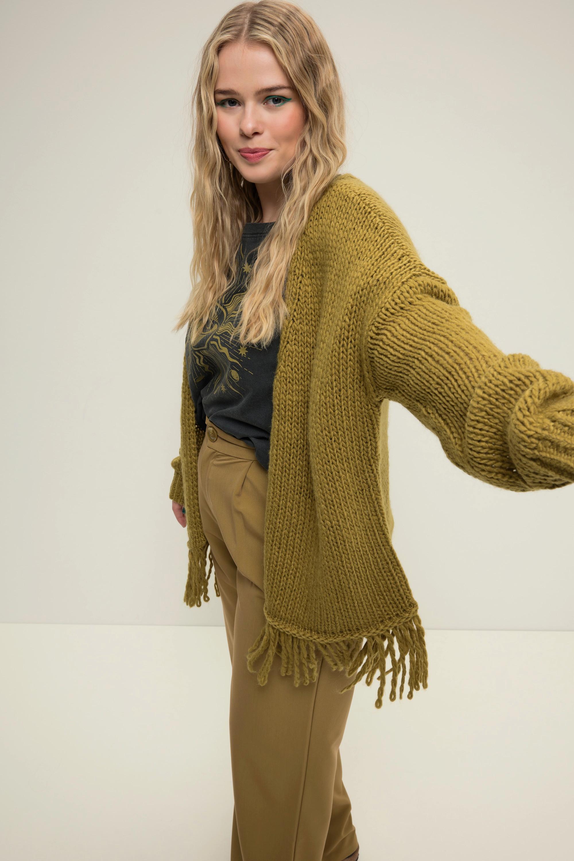 Studio Untold  offene Strickjacke, oversized, extra softer Strick, Fransensaum 