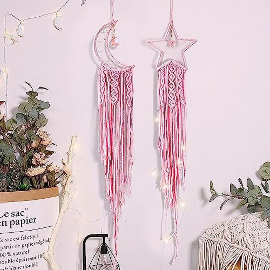 Alopini Attrape-rêves en macramé 2 pièces Suspension murale en macramé Attrape-rêves en forme d'étoile de lune  