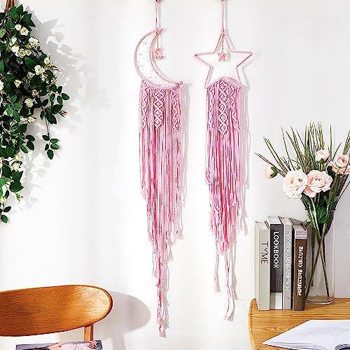 Alopini Attrape-rêves en macramé 2 pièces Suspension murale en macramé Attrape-rêves en forme d'étoile de lune  