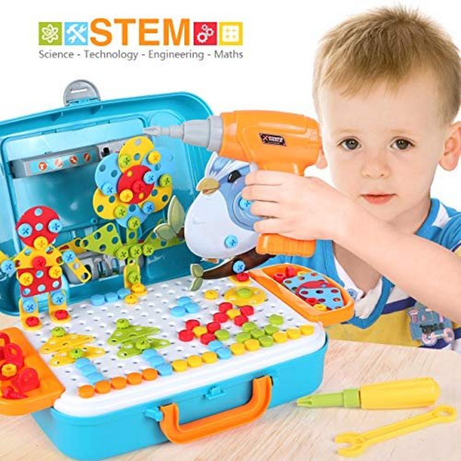 Activity-board  400-teiliges Mosaikspielzeug, Steckspiel, 3D und 2D Steckpuzzle, Waldorf-Spielzeug mit Bohrern, kreatives Spielzeug, Mosaikspiel, Werkzeugkasten, Spielzeug, Kinder 