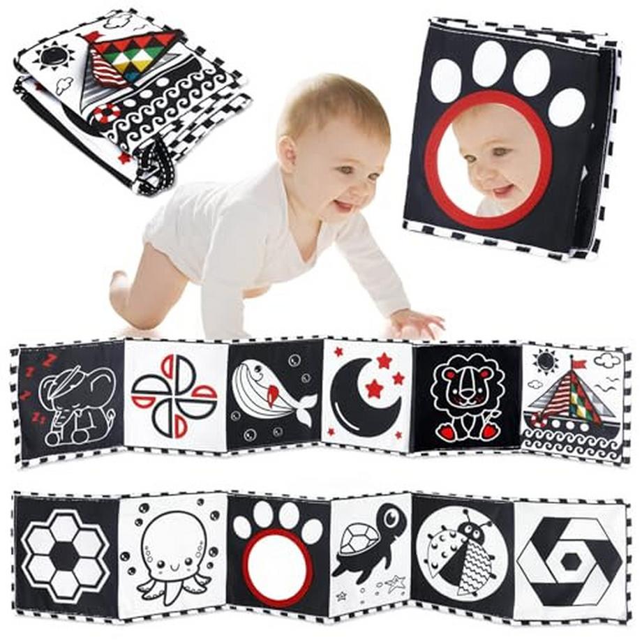 Kontrastbuch Baby, Babyspielzeug, Kontrastspielzeug Baby mit Spiegel, doppelseitiges Baby Stoffbuch, frühes Lernspielzeug