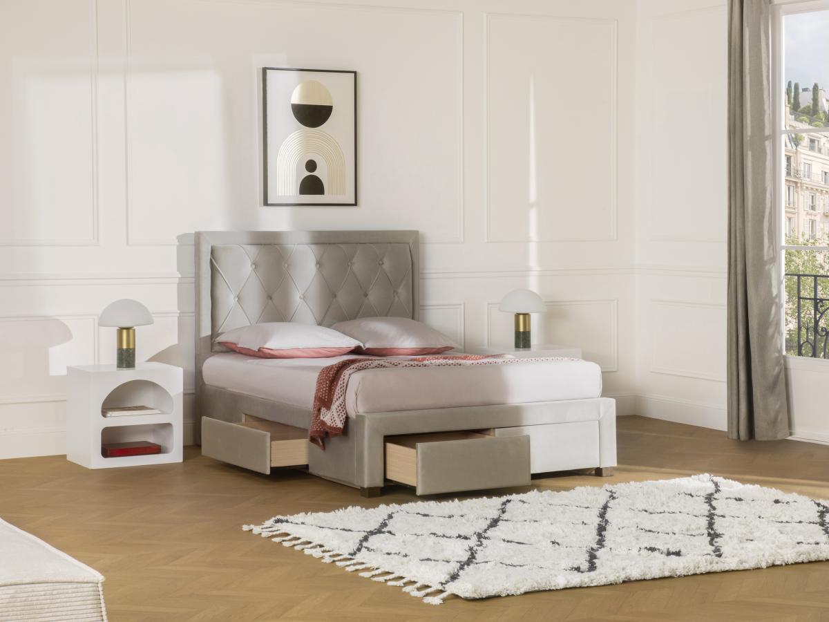 Vente-unique Letto matrimoniale con cassetti in Velluto Champagne LEOPOLD  