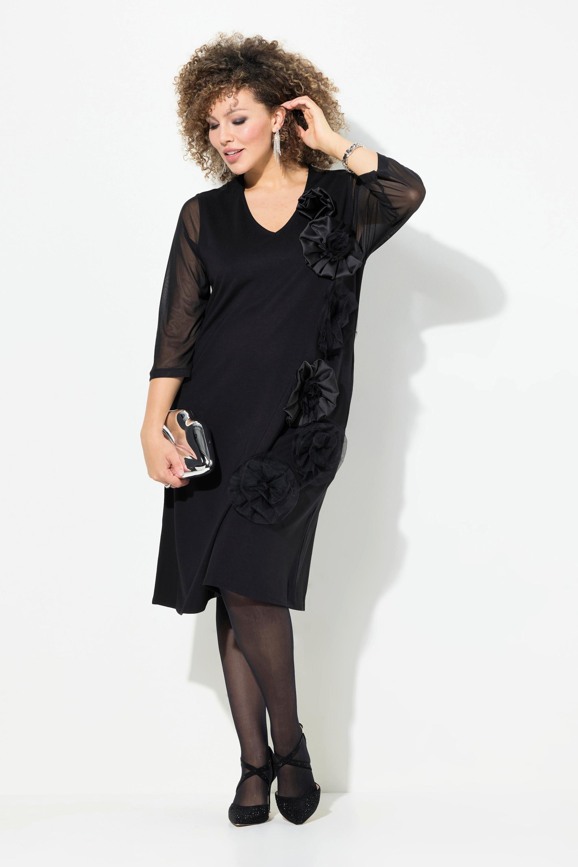 Ulla Popken Robe en jersey Fleurs 3D Décolleté en V Manches 3/4 Poches  