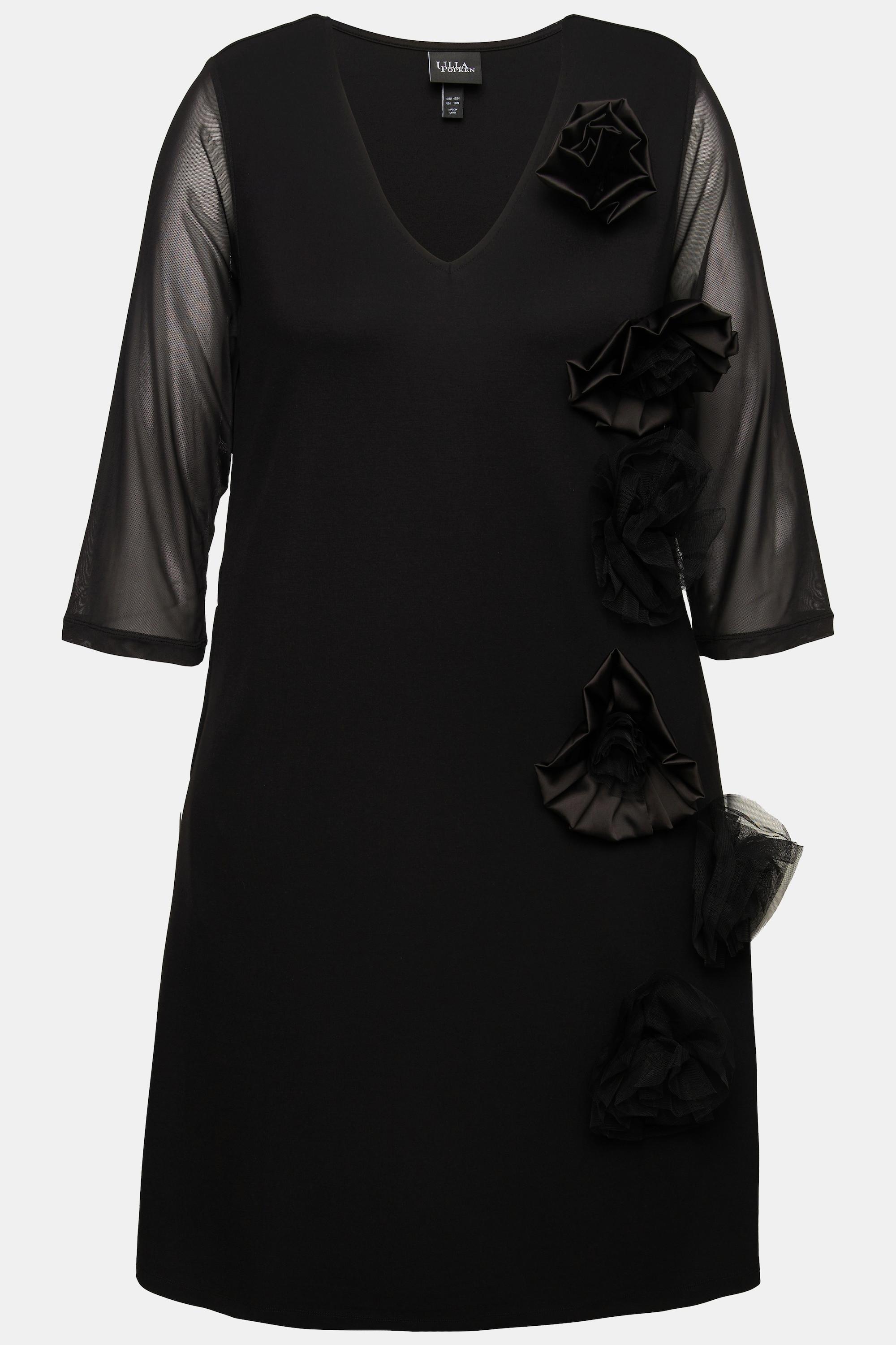 Ulla Popken Robe en jersey Fleurs 3D Décolleté en V Manches 3/4 Poches  