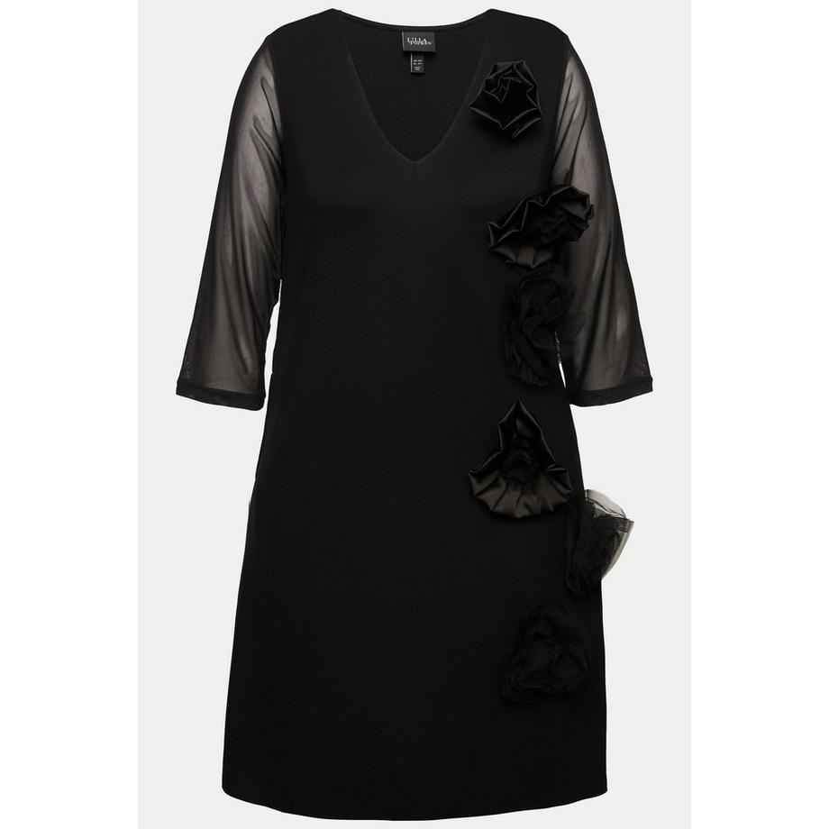 Ulla Popken Abito in jersey Fiori 3D Scollo a V Maniche 3/4 Tasche  