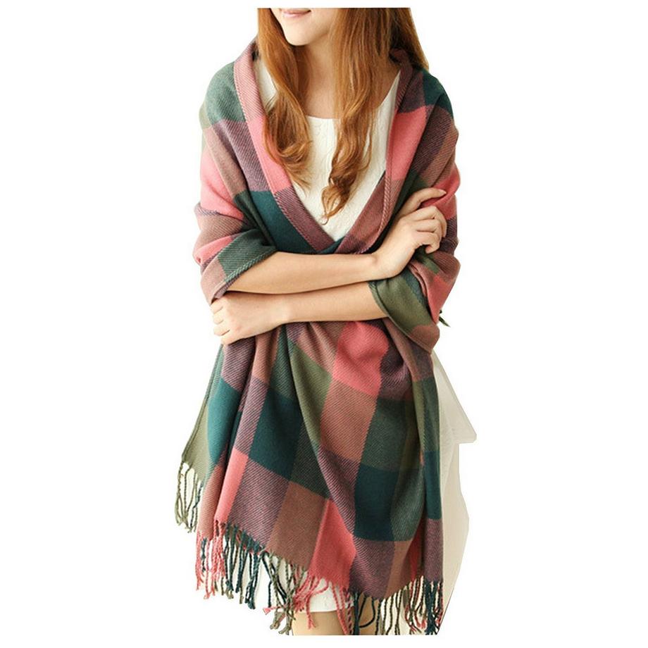 Winterschal kariert, quadratischer Schal mit Fransen, Poncho