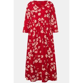 Ulla Popken  Jerseykleid, Blumen, A-Linie, V-Ausschnitt, 3/4-Arm 