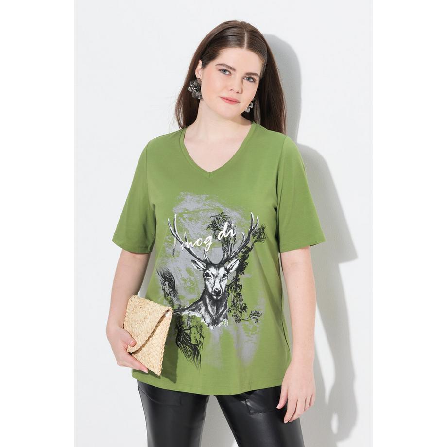 Ulla Popken T-Shirt Trachtenmotiv Classic V-Ausschnitt Halbarm  