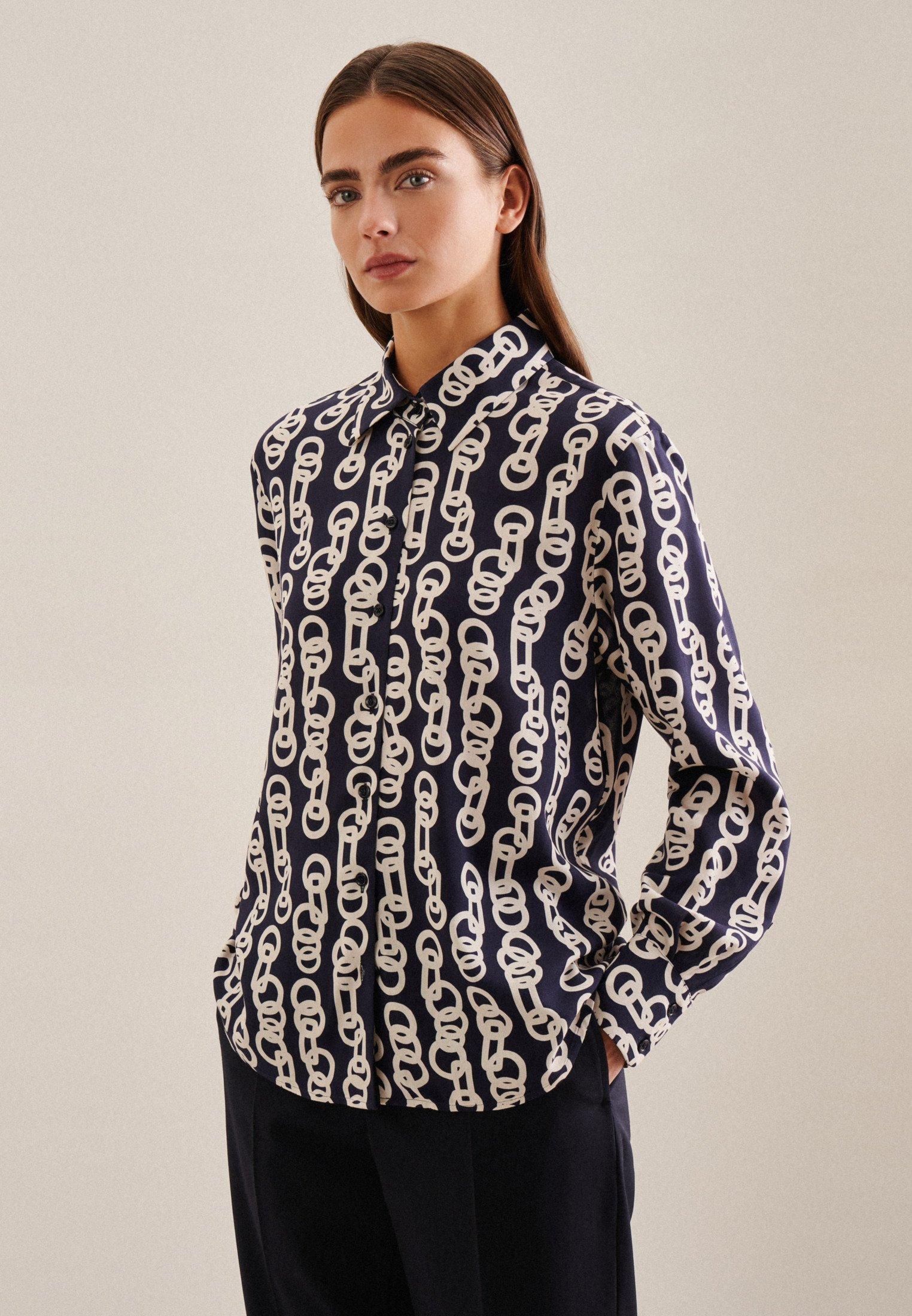 Image of Hemdbluse Kettenprint Langarm Kragen Damen Dunkelblau 48
