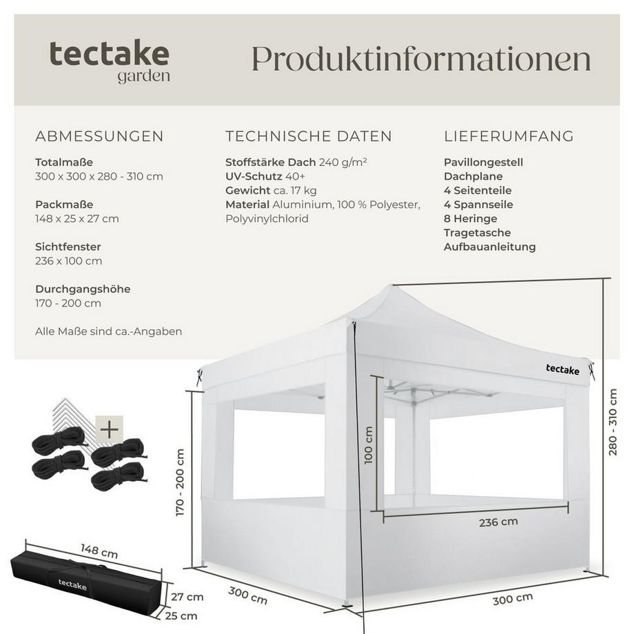 Tectake Pavillon Olivia 3 x 3 m, mit Aluminiumgestell wasserdicht  