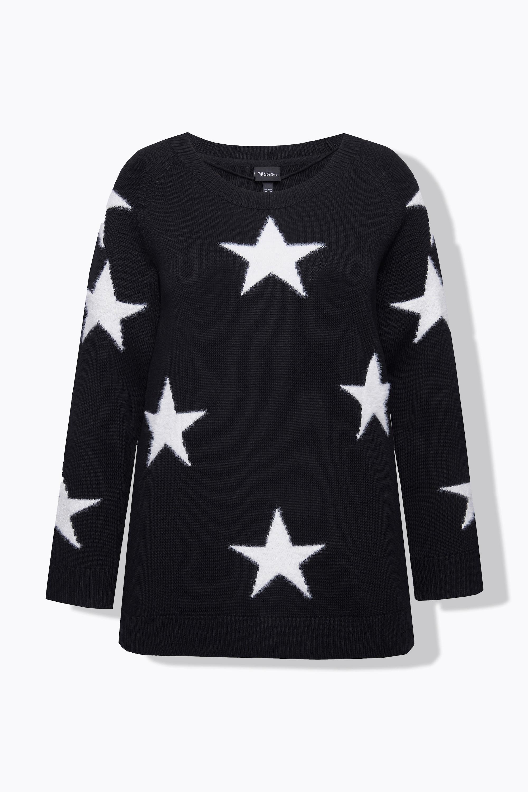 Ulla Popken  Maglione con stelle glitter, scollo a girocollo e maniche lunghe raglan 