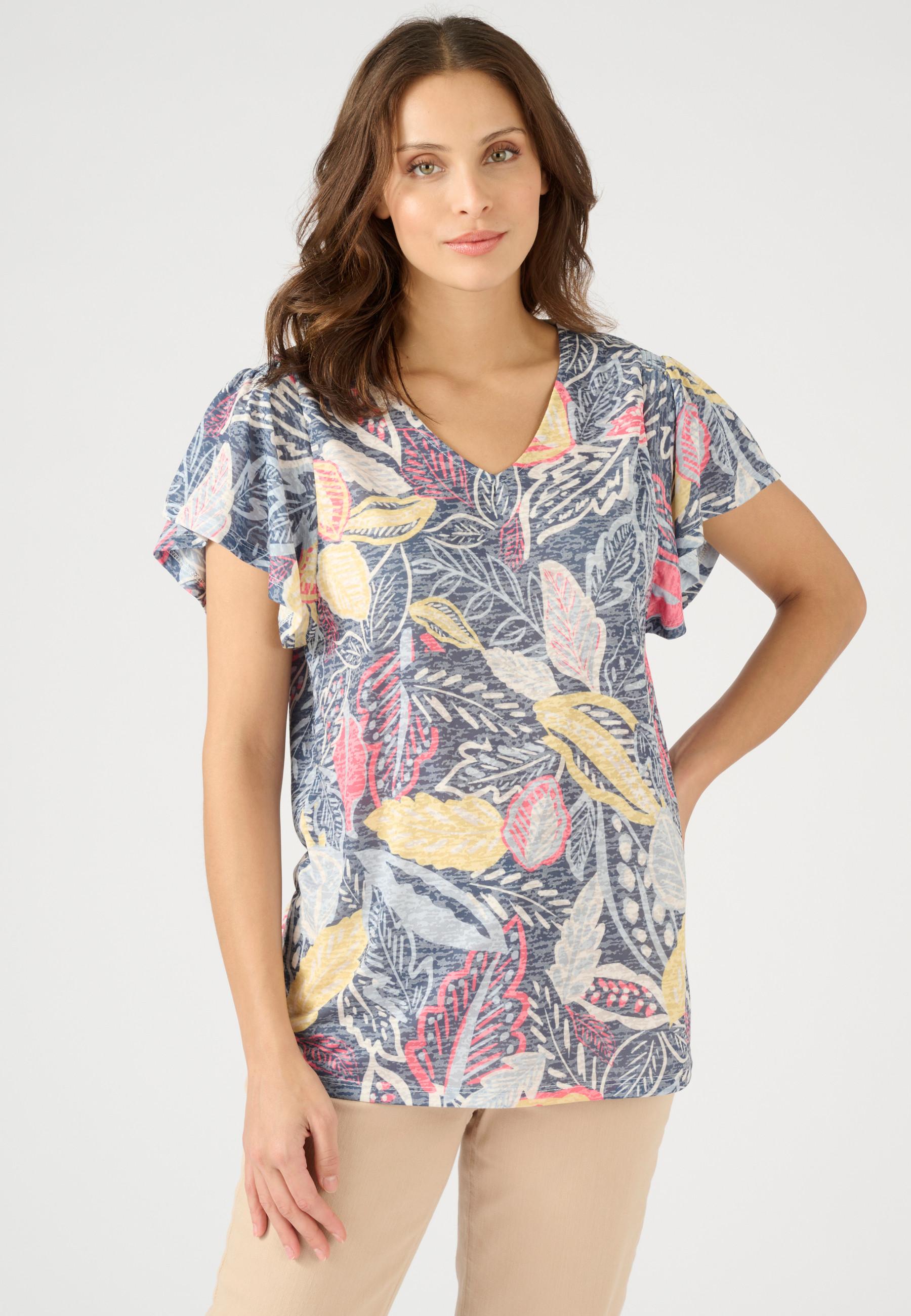 Image of T-shirt Mit Ausbrennermuster, Modernem Farbenfrohem Druck, Gesmokten Details An Den Schultern Und Schmetterlingsärmeln. Damen Blau 38/40