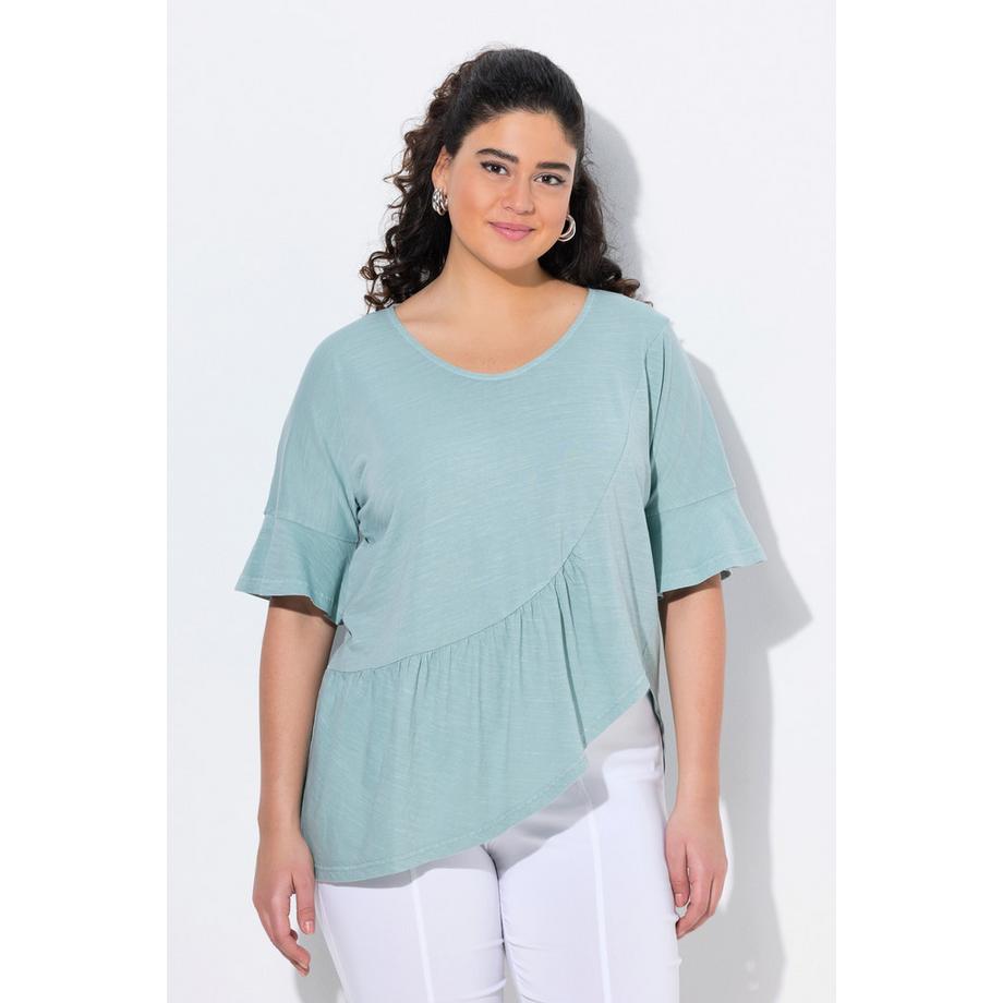 Ulla Popken T-shirt Oversize Scollo a V Mezza Manica con Volant sull'Orlo  