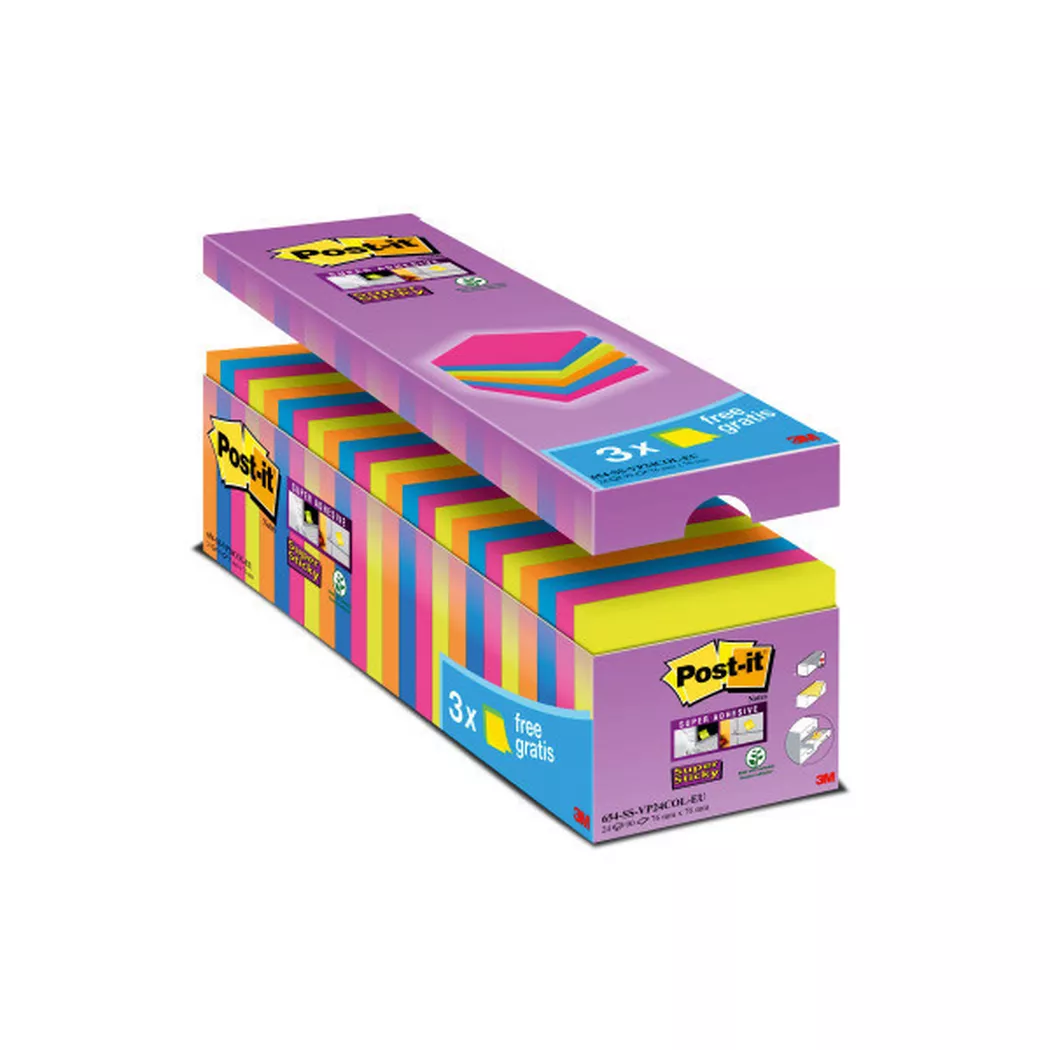 Post-it Pack of 24 Notes Super Sticky 76x76mm 90 Sheet Assorted