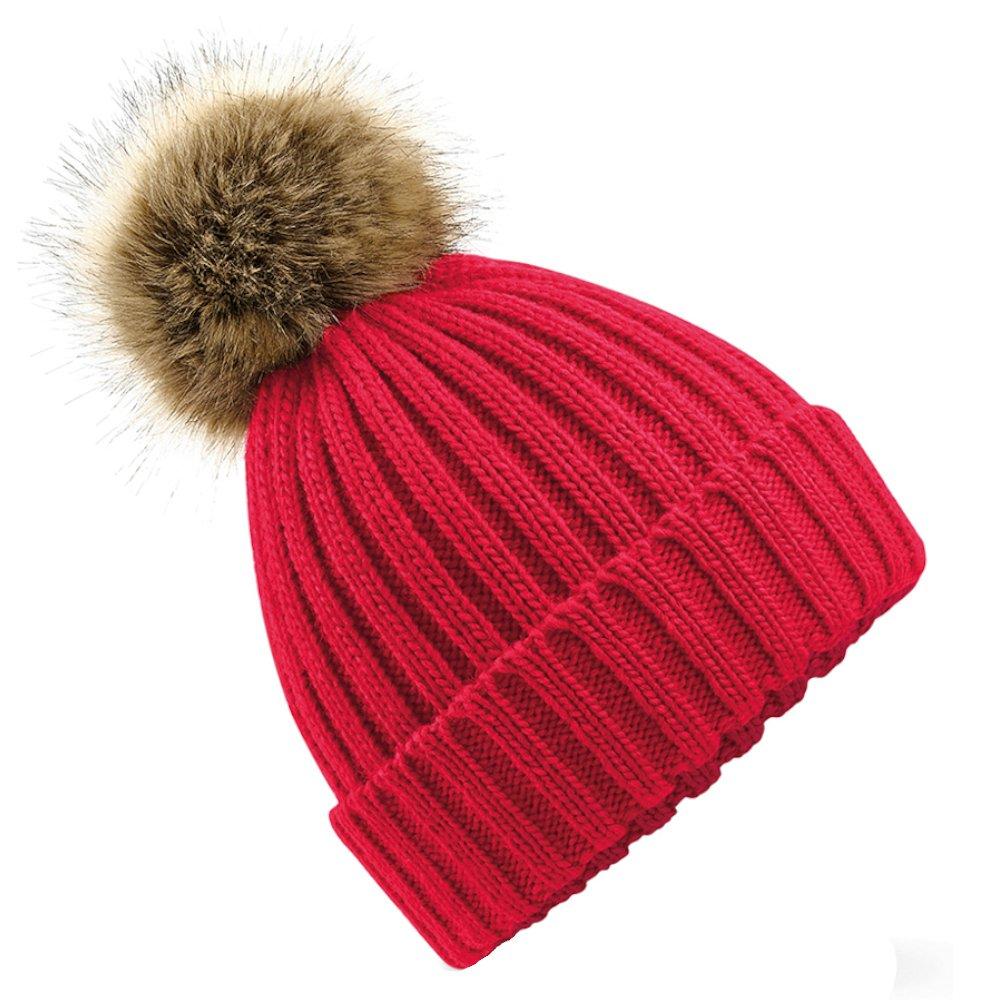 Image of Chunky Beanie Mütze Mit Kunstfellbommel Damen Rot Bunt ONE SIZE