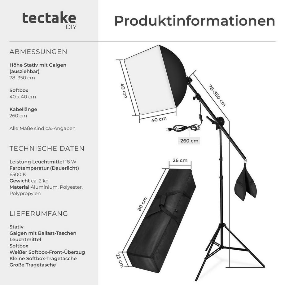 Tectake  Studioleuchte  mit Softbox und ausziehbarem Galgenstativ LED Leuchtmittel  E27 18W 