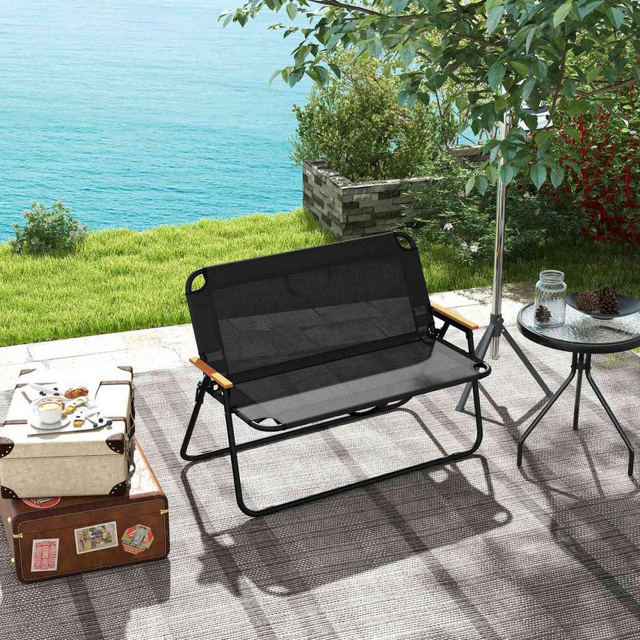 Northio Banc de jardin pliable, banc de camping 2 places, jusqu'à 220 kg, pour camping et terrasse, maille, noir, 108x65x73cm  