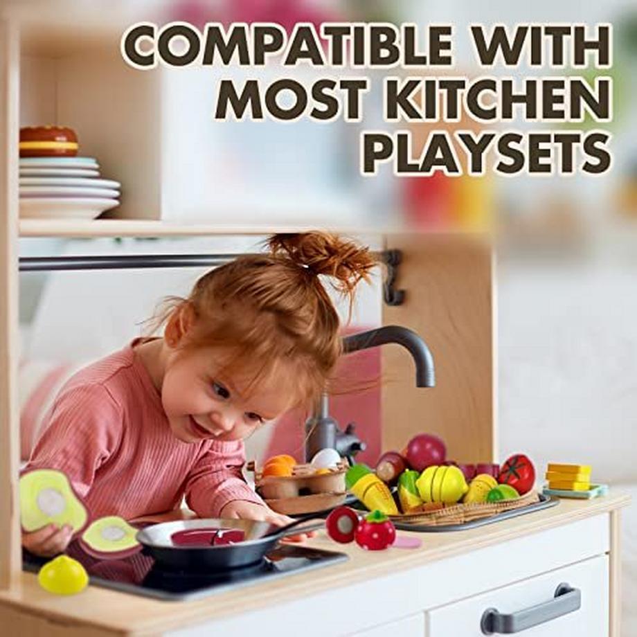 Activity-board  Kinderküche Spielküche Zubehör Holzspielzeug Küchenspielzeug Schneiden Obst Gemüse Lebensmittel Holz mit Klettverschluss Verbindung für Kinder I Lernspielzeug Rollenspiel 