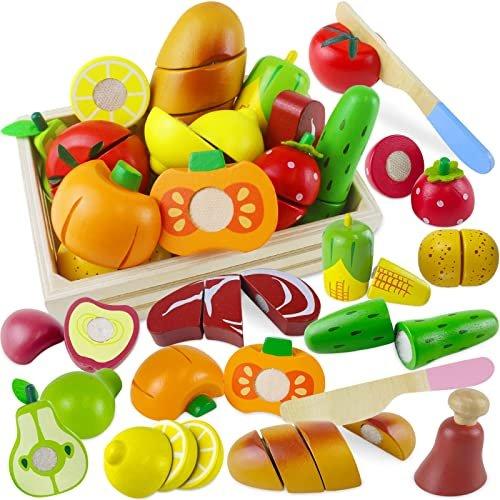 Activity-board  Kinderküche Spielküche Zubehör Holzspielzeug Küchenspielzeug Schneiden Obst Gemüse Lebensmittel Holz mit Klettverschluss Verbindung für Kinder I Lernspielzeug Rollenspiel 