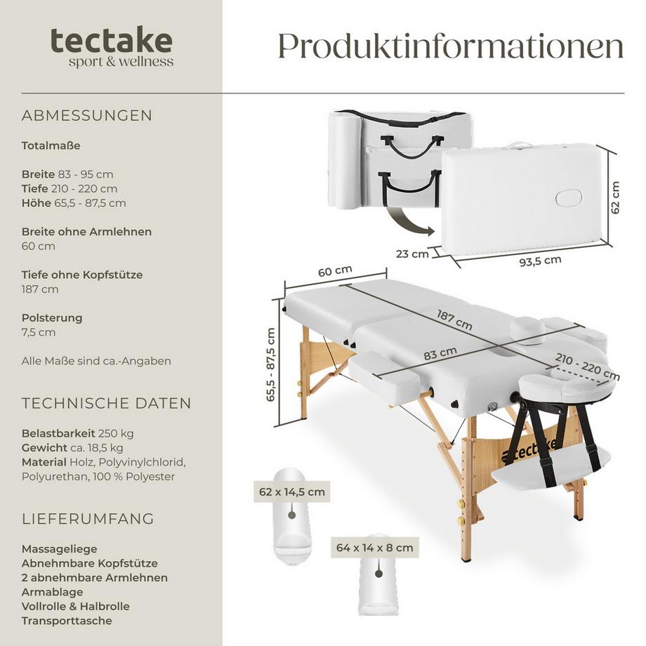 Tectake 2 Zonen Massageliege mit 7,5cm Polsterung und Holzgestell  