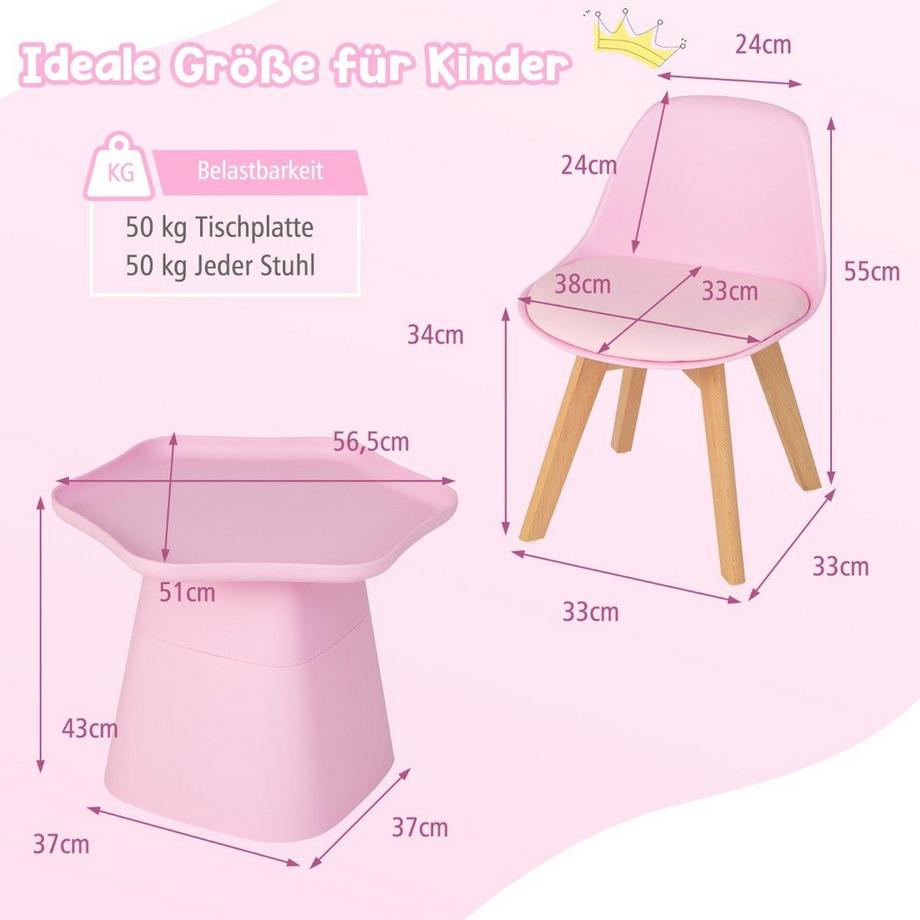 Northix  Kindertisch mit 2 Stühlen 3 TLG. Kindersitzgruppe aus Buchenholz Kindersitzgarnitur Rosa 