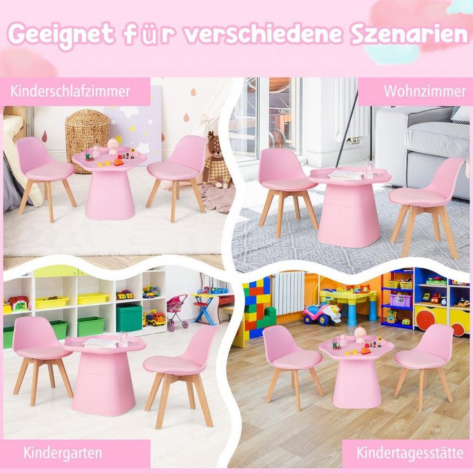 Northix  Kindertisch mit 2 Stühlen 3 TLG. Kindersitzgruppe aus Buchenholz Kindersitzgarnitur Rosa 
