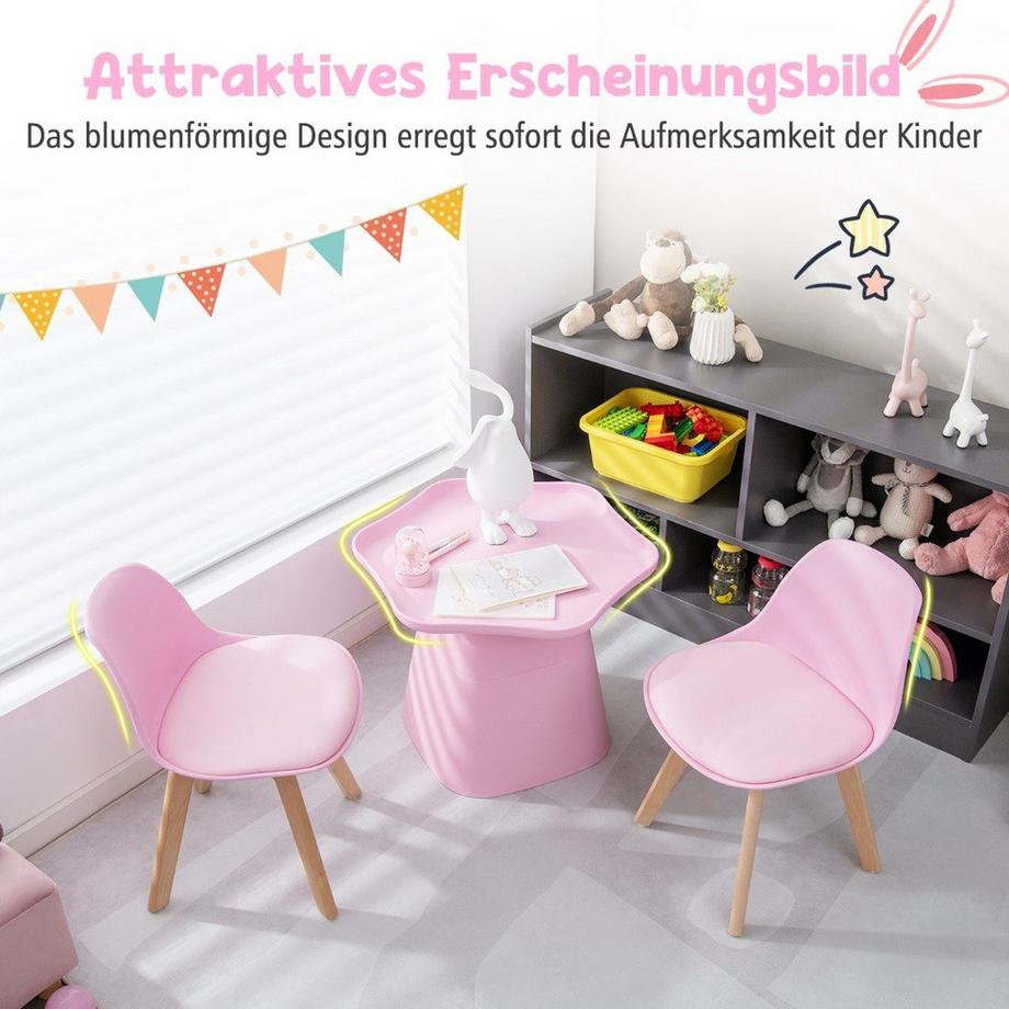 Northix  Kindertisch mit 2 Stühlen 3 TLG. Kindersitzgruppe aus Buchenholz Kindersitzgarnitur Rosa 