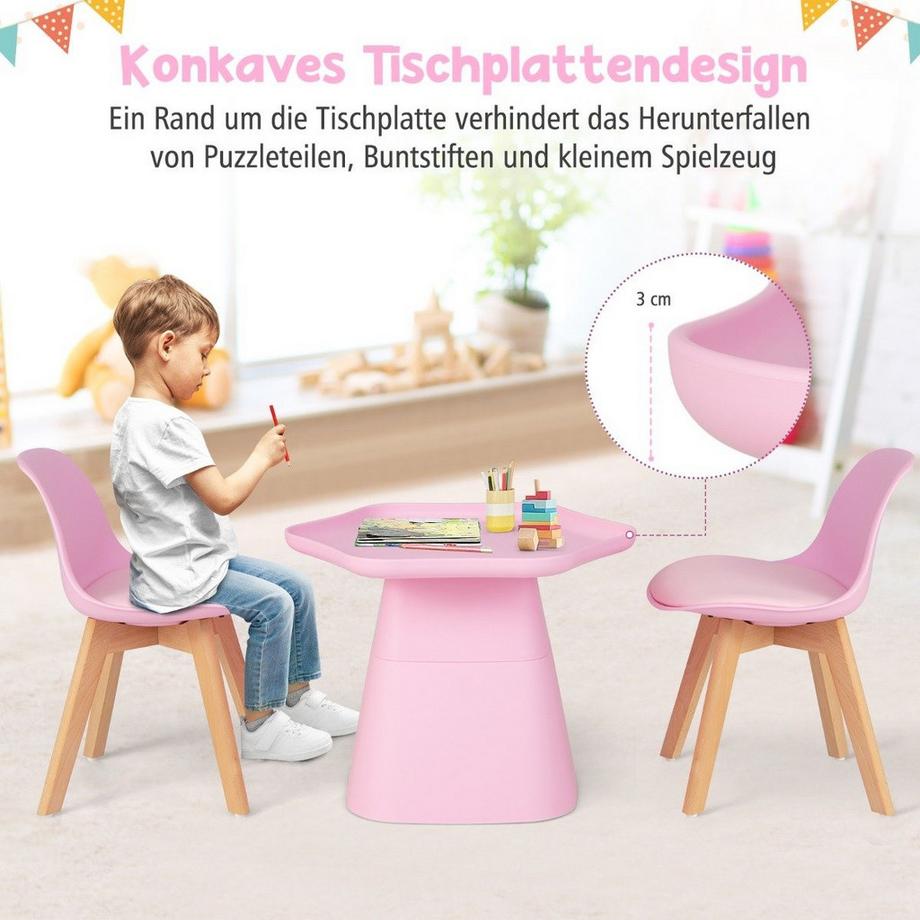 Northix  Kindertisch mit 2 Stühlen 3 TLG. Kindersitzgruppe aus Buchenholz Kindersitzgarnitur Rosa 