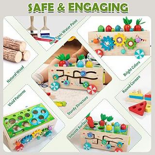 Activity-board  Jeu de camion en bois 8-en-1, jouet éducatif de tri et d'empilage jeu de formes jeu de pêche jeu de pivert attraper les vers labyrinthe engrenages perles 