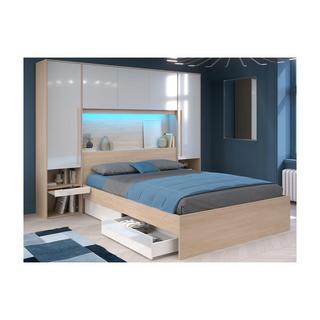 Vente-unique Letto con LED e vani portaoggetti 160 x 200 cm Naturale e Bianco lucido + Rete + Materasso - VELONA  