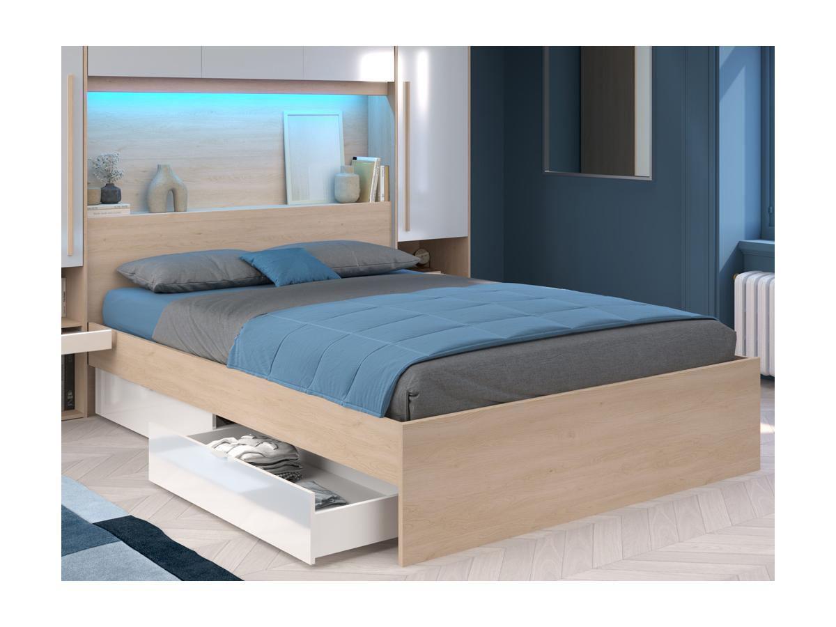 Vente-unique Letto con LED e vani portaoggetti 160 x 200 cm Naturale e Bianco lucido + Rete + Materasso - VELONA  