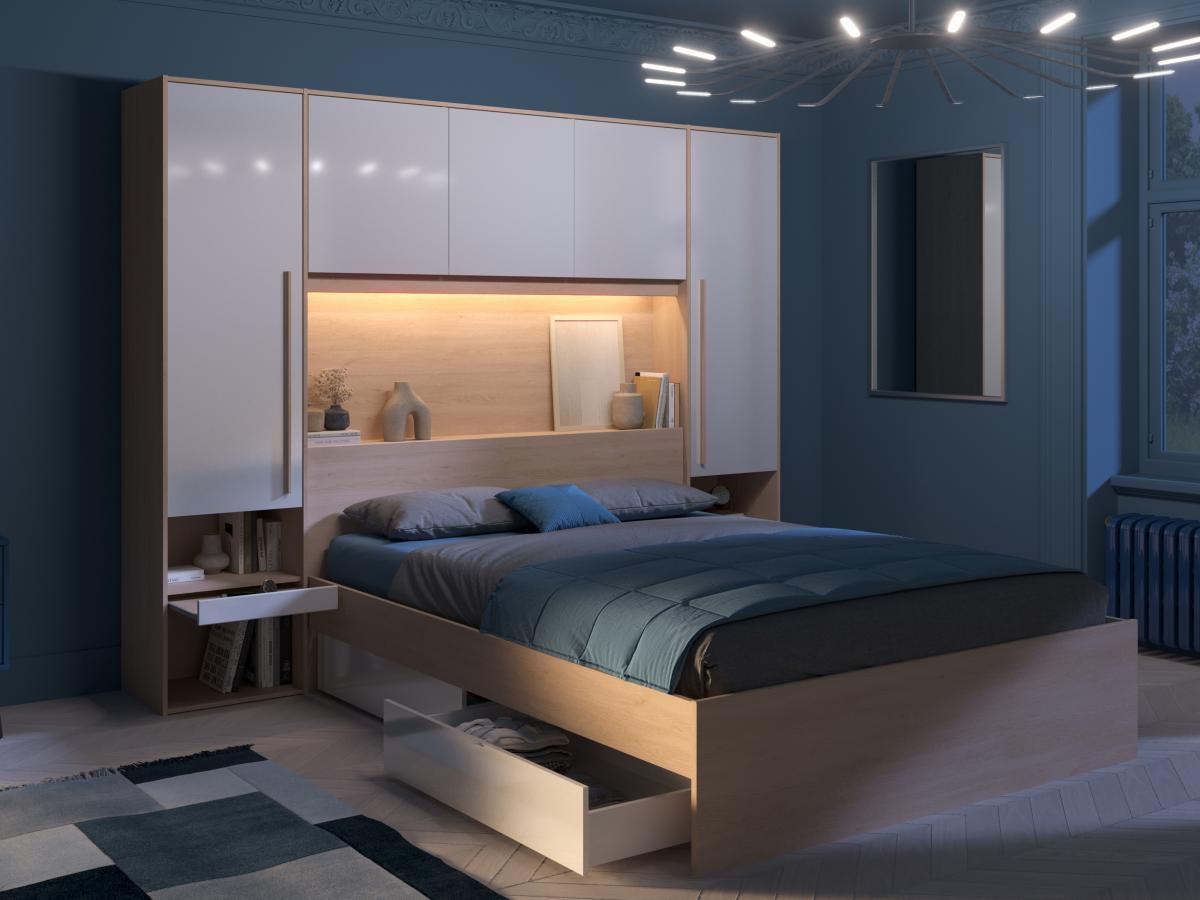 Vente-unique Letto con LED e vani portaoggetti 160 x 200 cm Naturale e Bianco lucido + Rete + Materasso - VELONA  