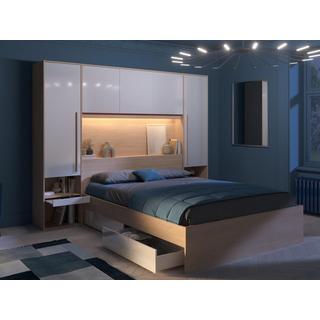 Vente-unique Letto con LED e vani portaoggetti 160 x 200 cm Naturale e Bianco lucido + Rete + Materasso - VELONA  