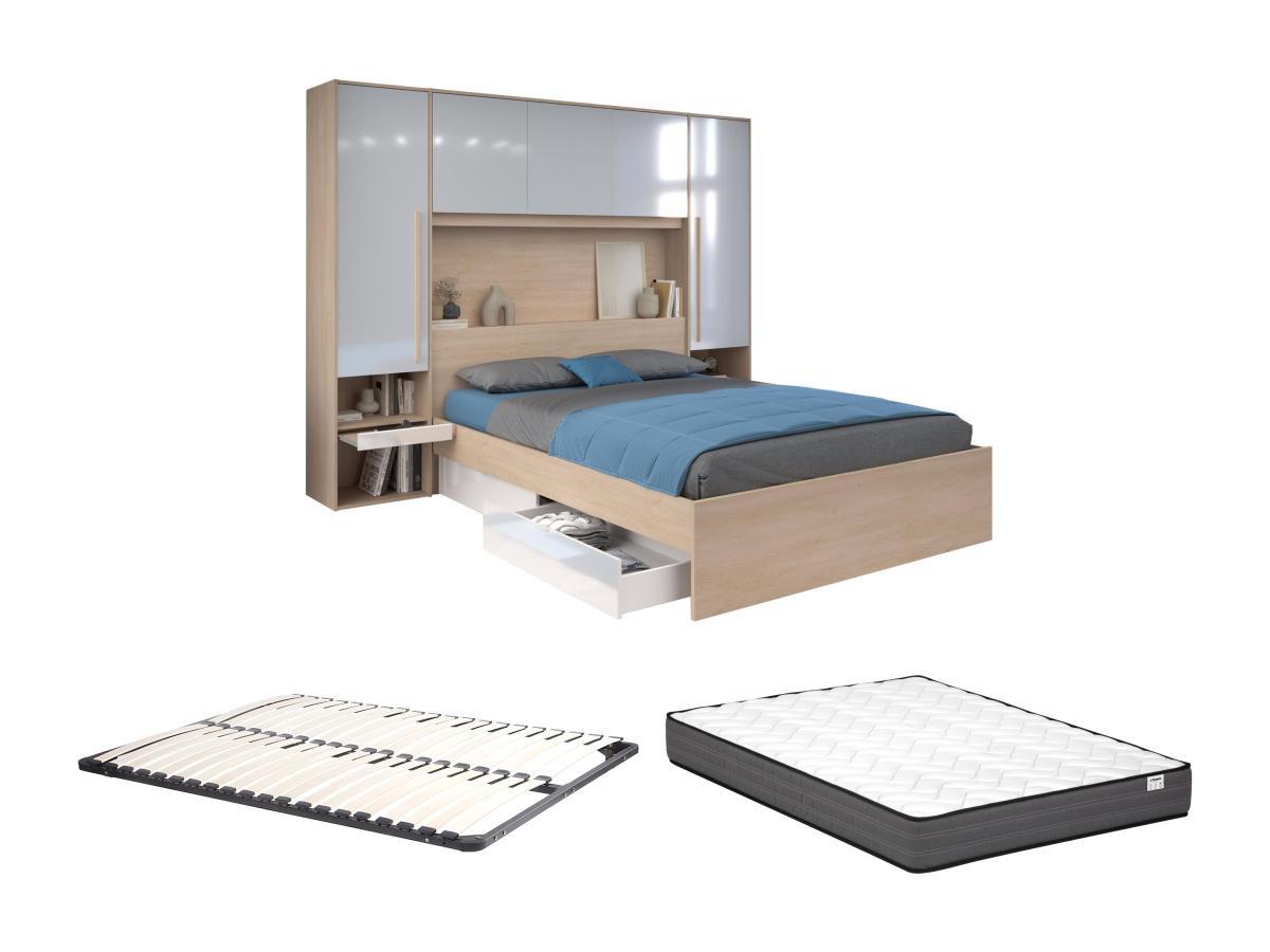 Vente-unique Letto con LED e vani portaoggetti 160 x 200 cm Naturale e Bianco lucido + Rete + Materasso - VELONA  