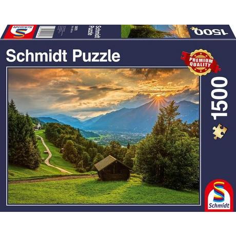 Schmidt  Puzzle Sonnenuntergang über dem Bergdorf Wamberg (1500Teile) 