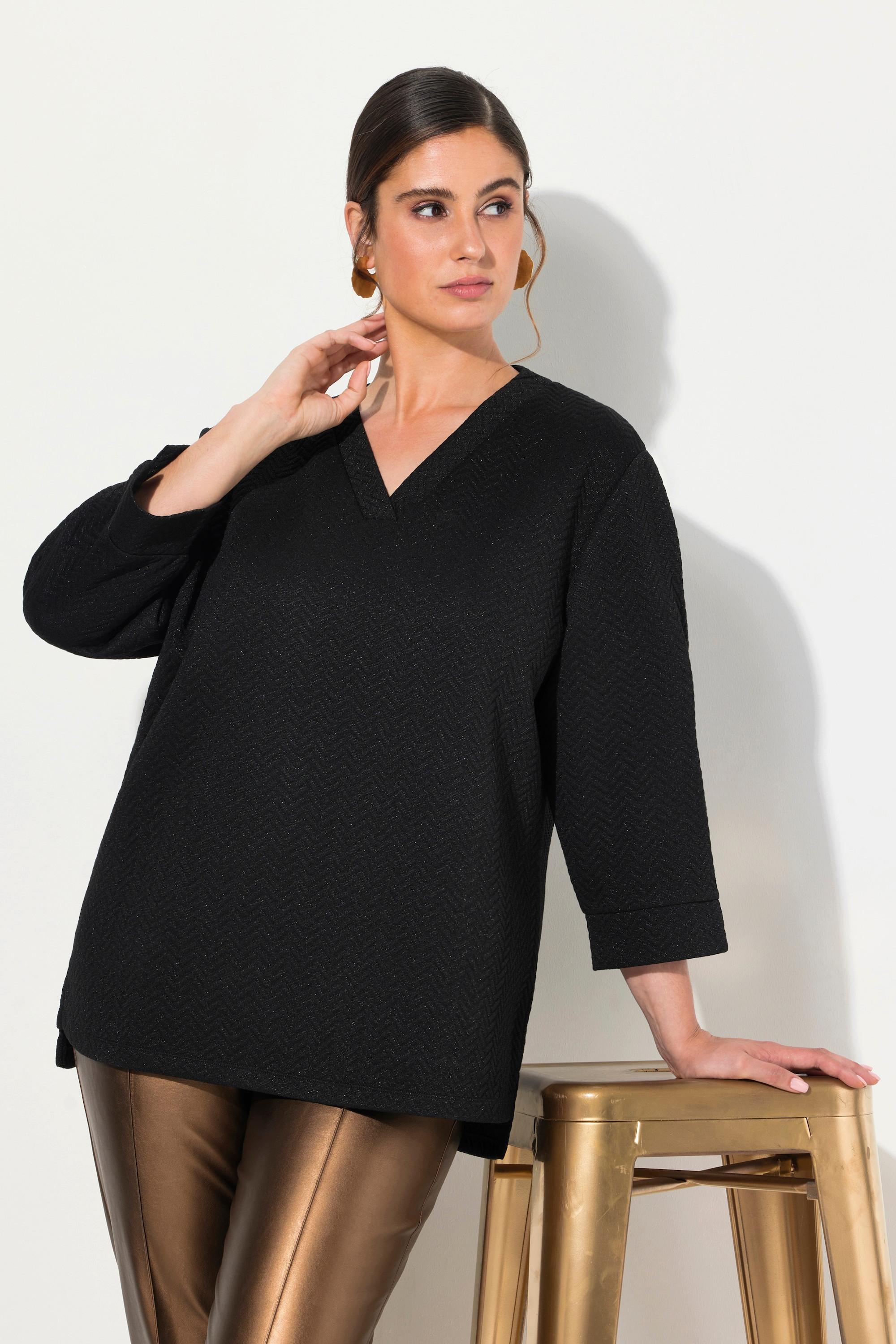 Ulla Popken  Sweat-shirt à manches 3/4 et col en V, tissu texturé 