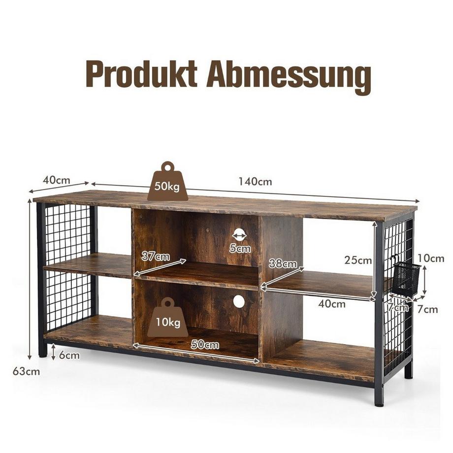 Northix  TV-Schrank Lowboard mit offenen Fächern TV-Regal für Fernseher bis 65 Zoll 140 x 40 x 62,5 cm Rustikales Braun 