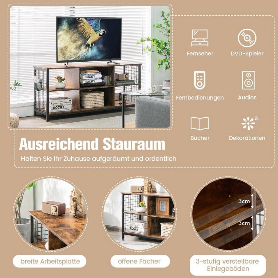 Northix  TV-Schrank Lowboard mit offenen Fächern TV-Regal für Fernseher bis 65 Zoll 140 x 40 x 62,5 cm Rustikales Braun 