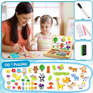 Activity-board  Holzpuzzle mit doppelseitigem Brett, Puzzles, 110 Teile Tiermuster Pädagogisches magnetisches Holzspielzeug 