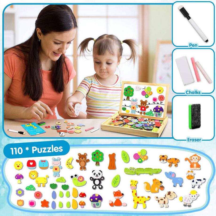 Activity-board  Holzpuzzle mit doppelseitigem Brett, Puzzles, 110 Teile Tiermuster Pädagogisches magnetisches Holzspielzeug 
