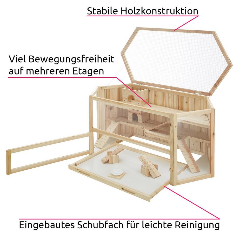 Tectake  Hamsterkäfig Benni aus Holz mit 3 Etagen und 3 Rampen, große Plexiglasscheiben 